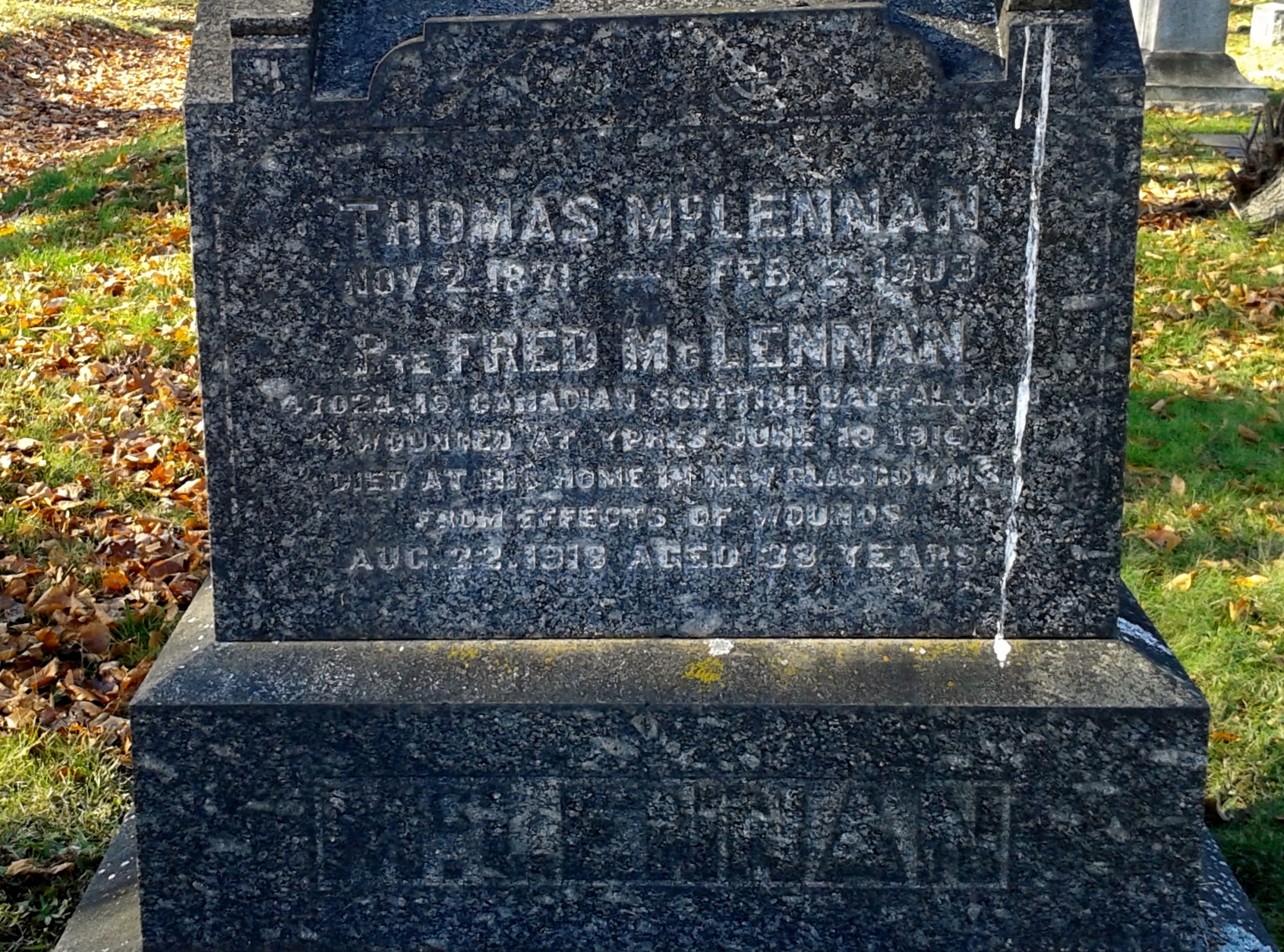 Photo of headstones/Thomas McLennan 1871-1903 hdstn Riverside cem Pictou